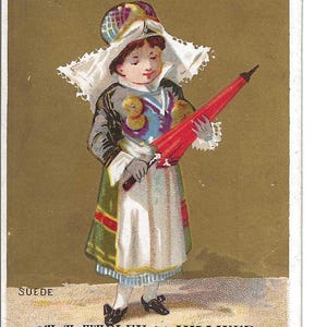 Cartão de comércio de chapelaria de menina sueca, c. 1880