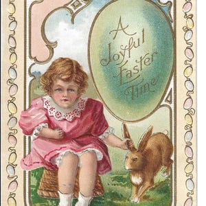 RISERVATO AD ANGELA - Ragazza uovo blu-verde, seduta con coniglietto, cartolina di Pasqua, c. 1910