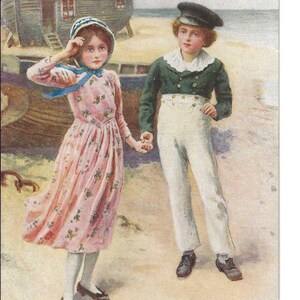 RESERVADO PARA ADRIENNE - Cartão postal de crianças à beira-mar assinado pelo artista, c. 1910