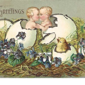 Cartolina di Pasqua con i cuccioli che si baciano, c. 1910