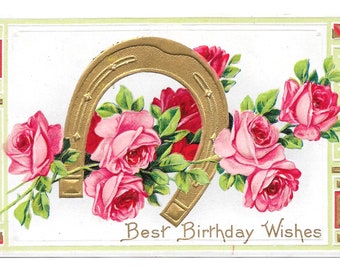 Cartolina di compleanno con rose a ferro di cavallo dorate, 1910