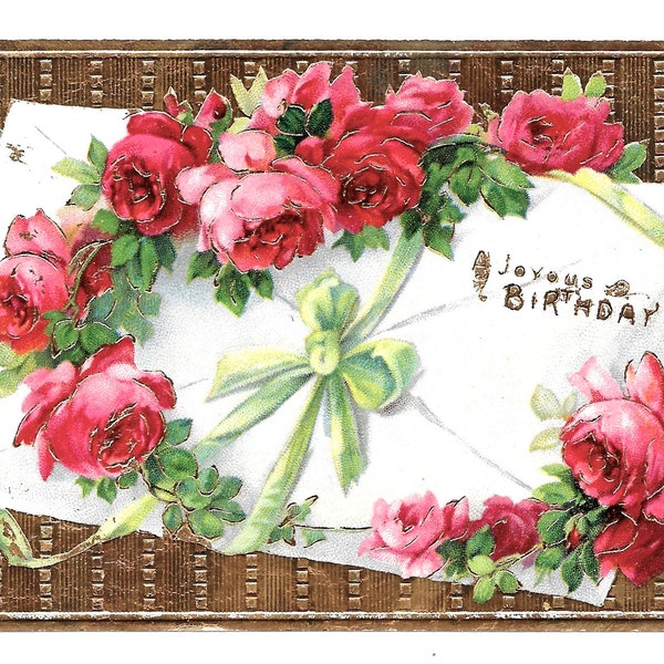 Carte postale de joyeux anniversaire roses dorées, v. 1910