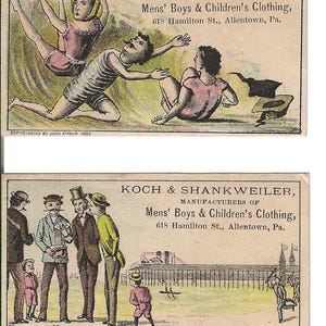 Paar Mini Beachy Clothing Trade Cards, 1882