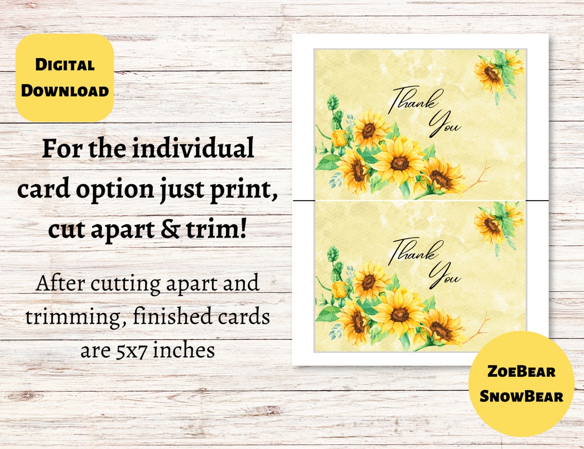 Printable Sunflower Thank You Card - Etsy