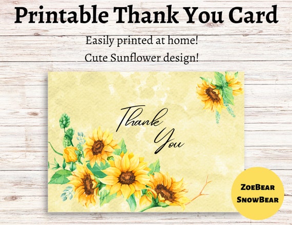Printable Sunflower Thank You Card - Etsy