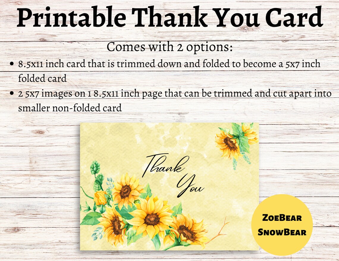 Printable Sunflower Thank You Card - Etsy