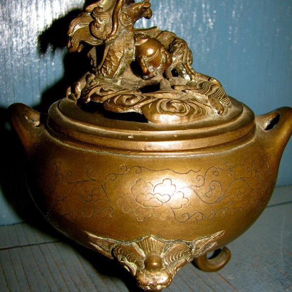 Antique Footed Ornate Bronze Oriental Incense Burner Censer With Dragon Lid