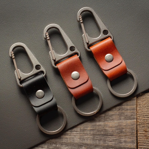 Titanium Carabiner Leather Keychain, Minimalist Full Grain Italian