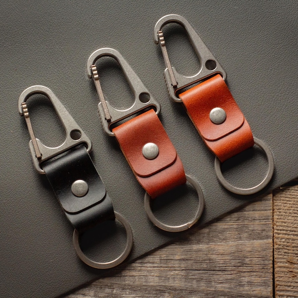 Titanium Carabiner Leather Keychain, Minimalist Full Grain Italian Leather Keyfob, Ti HK Hook Style Clip
