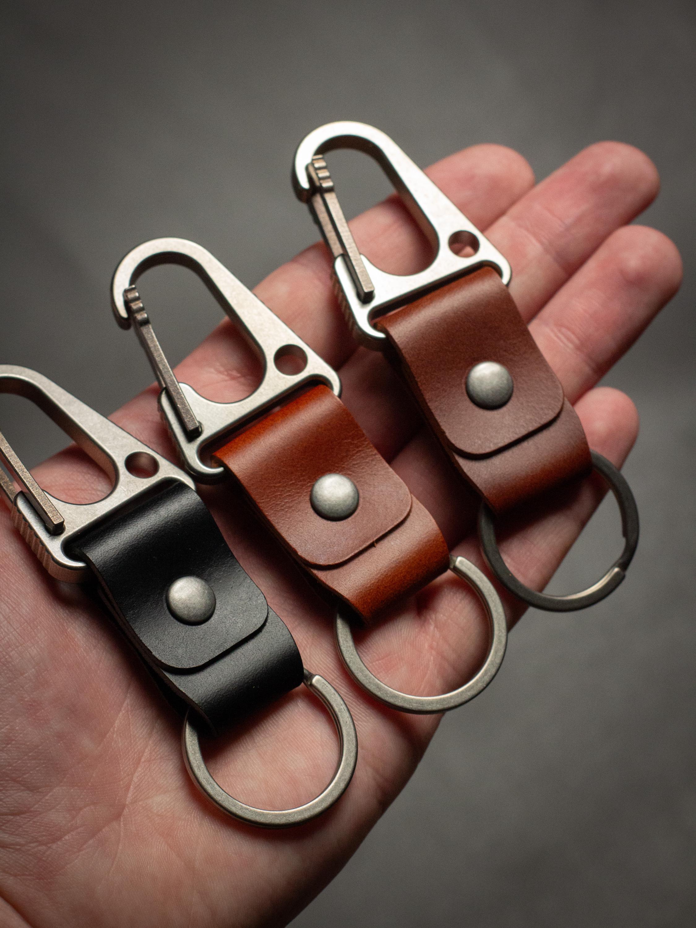 Titanium Carabiner Leather Keychain, Minimalist Full Grain Italian
