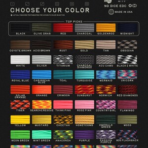 May include: A color chart for 550 paracord, featuring a wide array of colors. The chart includes shades like black, olive drab, red, and charcoal, as well as more unique options such as mermaid, unicorn, and veggie soup. The text "CHOOSE YOUR COLOR" is displayed.