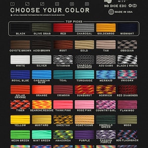 May include: A color chart for 550 paracord, featuring a wide array of colors. The chart includes shades like black, olive drab, red, and charcoal, as well as more unique options such as mermaid, unicorn, and cheetah. The text "CHOOSE YOUR COLOR" is displayed.