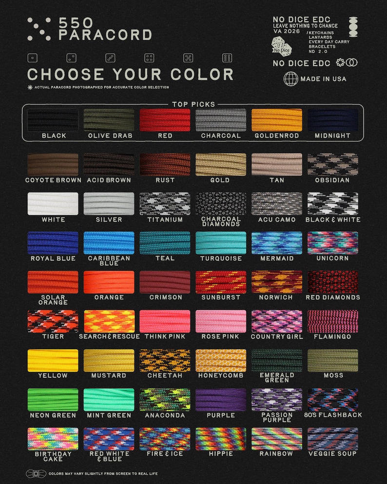 May include: A color chart for 550 paracord, featuring a wide array of colors. The chart includes shades like black, olive drab, red, and charcoal, as well as more unique options such as mermaid, unicorn, and cheetah. The text "CHOOSE YOUR COLOR" is displayed.