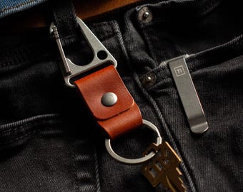 Titanium Carabiner Leather Keychain, Minimalist Full Grain Italian