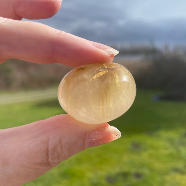 Rutilated Quartz Lens, Angel's Hair Quartz, Golden high grade inclusions, Rutile Optical Lens, Manifest Abundance & Positive Energy