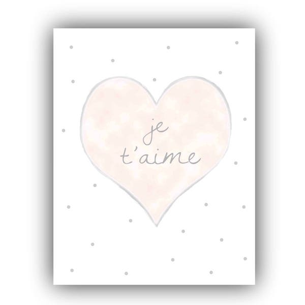 Download 11x14 art baby gift, Je t'aime French theme Print, I Love You Nursery Decor, gray, pink, silver, peach, grey, coral, polka dot room