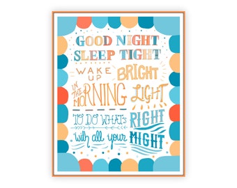 Good Night Poem Printable, Gender Neutral Nursery Decor, Nursery Rhyme Art Download, Good Night Sleep Tight, teal blue, coral orange, red