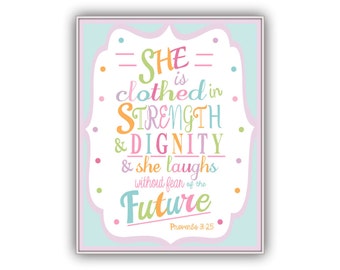 Downloadable Print, Clothed with Strength and Dignity, Proverbs 31 printable, Colorful wall art nursery decor, girls room, bible verse 8x10