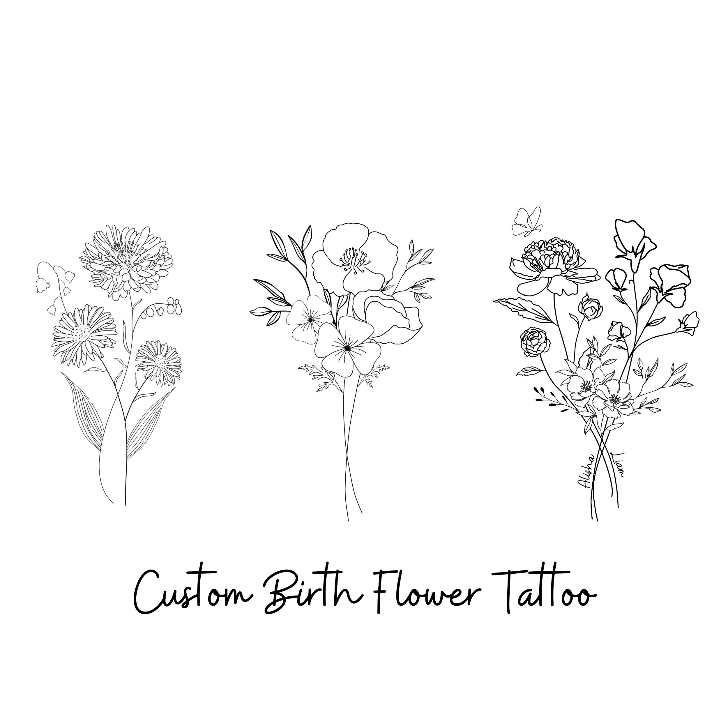 Custom Birth Month Flower Tattoo Art, Birth Flower Tattoo, Birth Flower ...