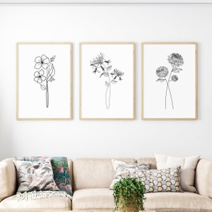 Flower Line Art Prints, Custom Birth Month Flower Print, Flower Wall Art, Botanical Line Art Flower, Minimal Floral Prints, Set Of 3 Prints