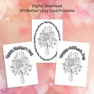 Tarjeta para colorear e imprimir para el Día de la Madre, tarjeta DIY para el Día de la Madre, ilustración floral para colorear, 3 diseños