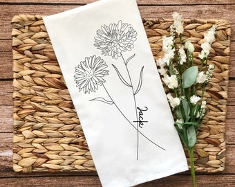 Personalized Dish Towel, Custom Birth Flower Kitchen Towel, Custom Birth Month Flower Tea Towel, Minimalist Design, Birth Flowers Line Art