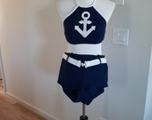 1970s Womens Navy Blue White Nautical Themed Montgomery Ward 2 Piece Hip Hugger Swim Suit Size S 70s S Bikini Boy Leg Hip Hugger Swim Suit