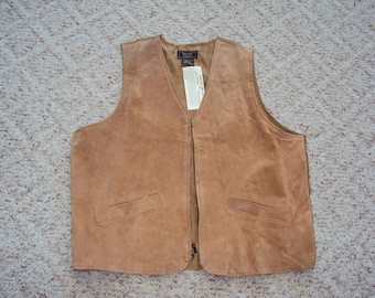 1990s Mens/ Womens Camel Tan NOS Leather Suede Vest Size L-XL/ Suede Mens Zip Vest/ Vintage Lined Leather Suede Vest Size L-XL