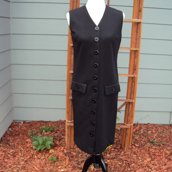 1960s-70s Womens Black Crepe Button Shift/Jumper Dress Size S-M/ 60s-70s Black Sheath Dress/ Retro Shift Dress/Midi Sheath Dress