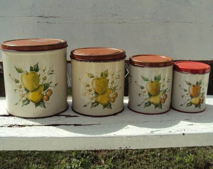 1950s Set of 4 Metal Decoware Canisters/ Ivory Fruit Kitchen Canisters