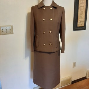 1970s Womens Taupe Brown 2 Piece Wool Lined Frank Gallant Double Breasted Lined Skirt Suit Size S-M/Mid Century Womens Skirt Suit Size S-M