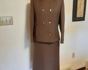 1970s Womens Taupe Brown 2 Piece Wool Lined Frank Gallant Double Breasted Lined Skirt Suit Size S-M/Mid Century Womens Skirt Suit Size S-M