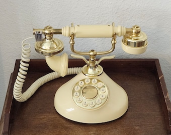 Vintage Hollywood Regency Yellow/Gold Push Button Desk Telephone/1980s French Provincial Table Top/Bedside Table Telephone/Nightstand Phone