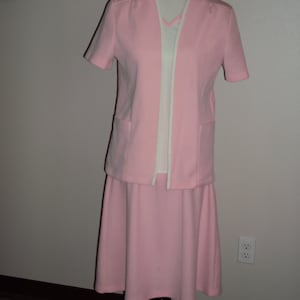 1970s Womens Pink/White Stripe 4 Piece Weekend Polyester Knit Pant/Skirt Suit Size M-L /Shirley Of Atlanta Pin Stripe Double Knit Pant Suit