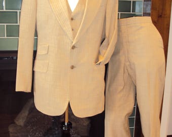 Vintage Mens 3 Piece Gold/Tan Wool Subtle Stripe Suit Size 42/35 Mens Bridal 3 Piece Suit/ Baltman & Co 3 Piece Suit/Nicholson of St. Albans