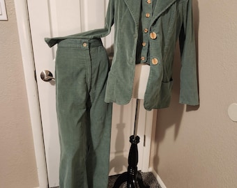 1970s Women's 3 Piece Olive Green High Waist Super Bell Pants, Jacket, Vest Corduroy Suit Size M/70s Hippie Hunter Green Bell Bottoms M #70s