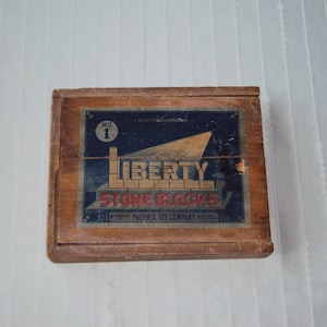Antique Wooden Box Of Liberty Stone Blocks, Phoenix Toy Company/Antique Childrens Architectual Toys/Vtg Stone Building Blocks 8 X 6.5 X 1.5