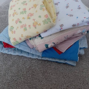 Mid Century Lot Of 4 Baby Blankets And Receiving Blankets/ Home Sewn Infant/Doll Blankets/Pink, blue, White, Yellow, Red/Vtg Crib Blankets