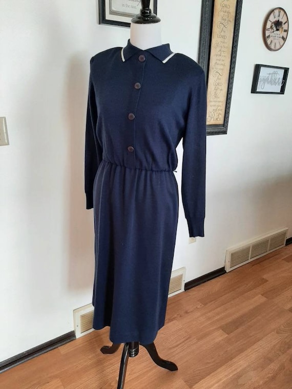 1970s Womens Fall Navy Blue/White Ciao Wool Blend Sweater Dress Size M/ Mid Century Ciao Navy Sweater Knit Dress Wool/Acrylic Office Wear
