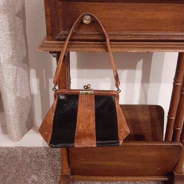 Antique Edwardian Small Black/Brown Leather Womens Handbag 5.5" X 8" X 1.5"/ Small Early 1900s Womens Leather Purse/Black/Brown Textured