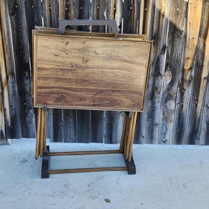 1970s-80s Metal Faux Wood Set Of 3 folding TV Trays Stand 34" X 23"X 10.5"/ Set Of Vintage With Legs Folding TV Trays/Metal Frames/Faux Wood