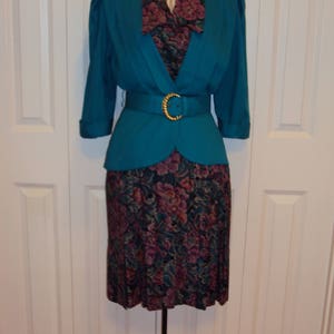 1980er Jahre Damen Herbst 2 Teilig Türkis/Positive Influencer Kleid/Peplum Frühjahr/Herbst Kleid/Floraler Gobelin Rock/Jacke Größe XS-S/Modest