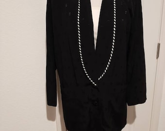 Anni '80 -'90 Womens Le Jupe Nero/Bianco Parzialmente foderato Lungo Oversize Blazer Taglia M/ Anni '80 Nero/Bianco Rayon Collo a scialle Tuxedo Blazer Taglia M