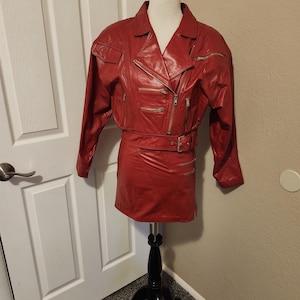 1980s Women&#39;s Red Leather I.O.U 2 Piece Skirt/Jacket Size S/ Vintage Red Leather Disco Mini Skirt/Crop Jacket With Zippers/ Crop Red Leather