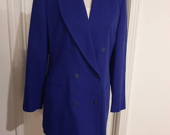 1980er-90er Jahre Damen Royal/Midnight Blue Lined Wolle Chaus Langer Zweireiher Blazer Größe 8-10 / Vintage Womens Wool Lined Boyfriend Blazer M