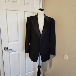 1970s-80s Mens Black Large Lapel 1 Button Lined  After Six Wool Tuxedo Jacket Size 42/ Mid Century Mens Black Tuxedo Jacket Size 42