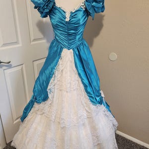 1980s Women's Aqua Teal Scarlett O'hara Satin/lace off Shoulder  Prom/bridesmaid/homecoming Puff Sleeves Drop Waist Formal Dress Size XS-S