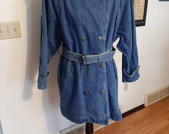 Giacca autunnale da donna anni '80 L.A. Blues Denim Duster, taglia 22-24/Giacca oversize in denim da donna con patta posteriore e linguette sulle spalle, taglia 2 XL