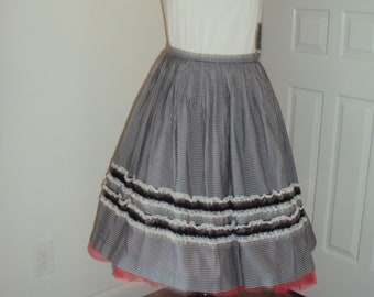 Mid Century Womens Zwart / Wit Gingham Check Swing Skirt Maat S-M / Zwart / Wit Country Dance Skirt / Circle Skirt / Square Dance Skirt / 50s-60s