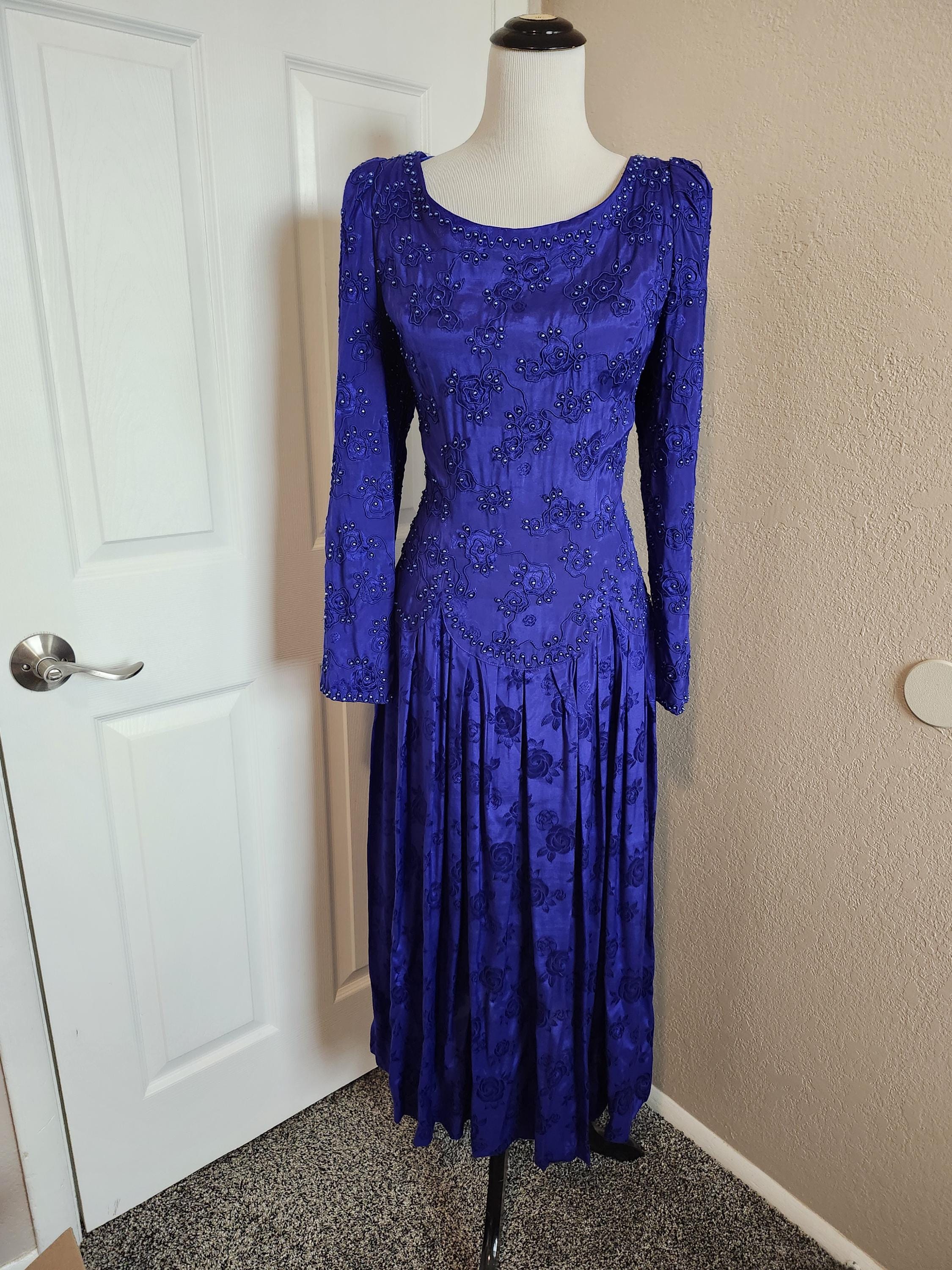 1980s-90 Womens Spring/Fall Purple/Eggplant Rayon Beaded Drop Waist Marie St. Claire Formal/Mother Bride Mid Calf/Ankle Length Dress Size 12